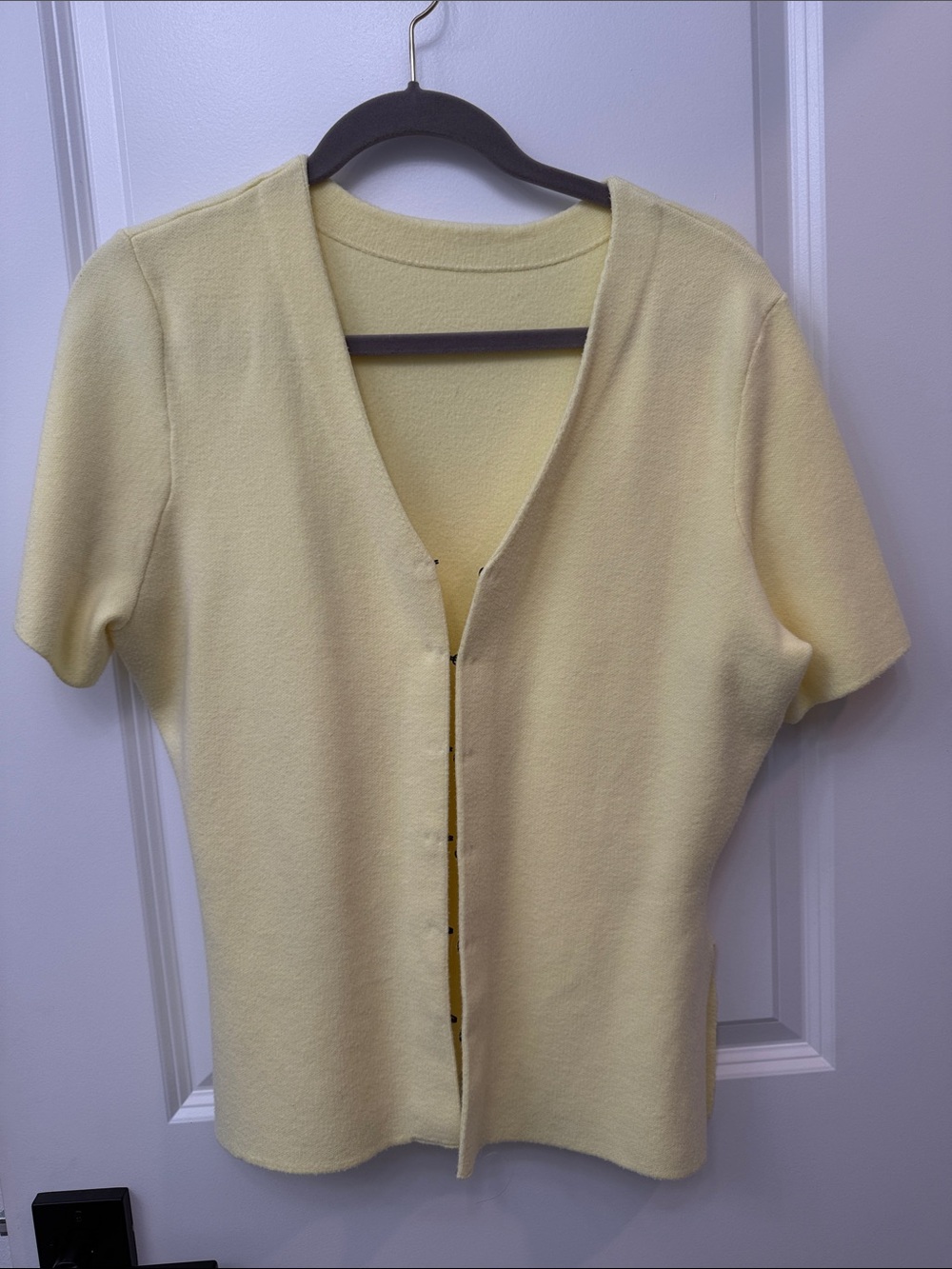 Short-Sleeve V-Neck Cardigan Sweater in Pale Yellow
